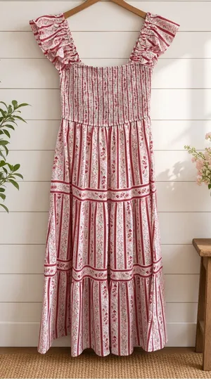 Blu Pepper Stripe Floral Pattern Smocked Tiered Midi Dress Last One Size Small thumbnail 1