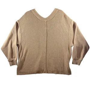 327 | Aerie Women Medium Oversized V-Neck Waffle Knit‎ Thermal Sweater Tan thumbnail 2