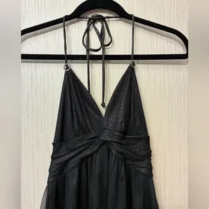 Express XS Black Metallic Sparkle Halter Mini Ruched Bodycon Tulle LBD Party Y2K thumbnail 5