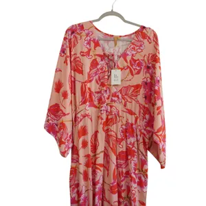 Onshore Pink Floral V-Neck Flowy Maxi Dress Kaftan Resort Pool Vacation One Size thumbnail 2