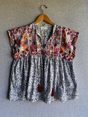THML Blouse Floral Embroidery Tiered Boho Peasant Hippie Tassled thumbnail 1