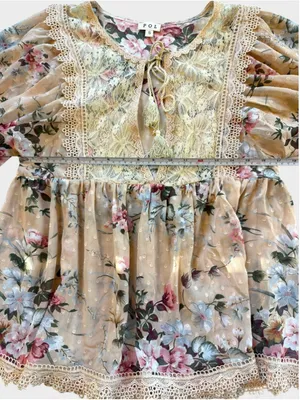 POL Floral Print Lace Detail 3/4 Sleeve Sheer Top Size S thumbnail 5