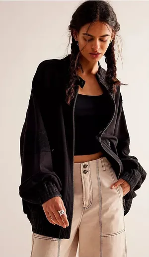 Free People Lou Moto Zip Jacket Sweatshirt Size XS Black Oversized Slouchy thumbnail 1