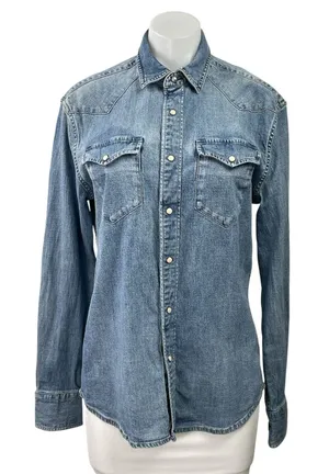 Faherty Women's Blue Long Sleeve Pocket Button Down Denim Jean Shirt Top Size S thumbnail 1