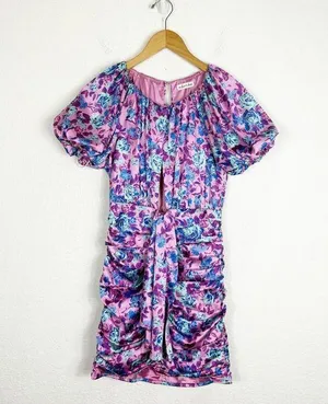 For Love & Lemons Tahiti Ruched Mini Dress Small Purple Floral Satin Cottagecore thumbnail 4