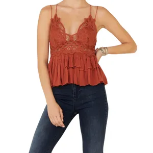 NWT Free People Adella Cami XS Winding Roads Rust Lace Peplum Top thumbnail 2