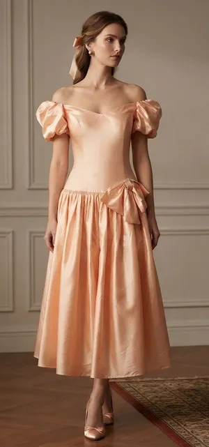 Vintage 80s Peach Satin Prom Dress ILGWU Drop Waist Puff Sleeve Bow Hi Low thumbnail 1