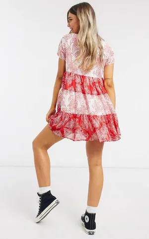 Wednesday Girl mini smock dress with tiers in contast paisley print thumbnail 3