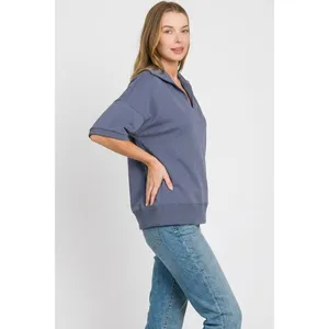Zenana Scuba Collared Short Sleeve Pullover - Blue Indigo - Small‎ thumbnail 3