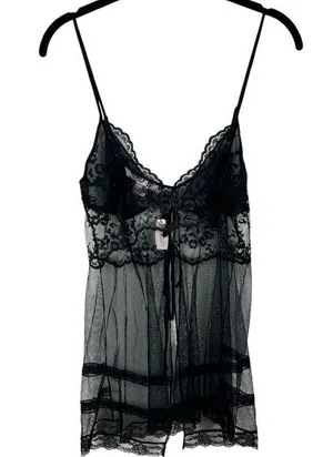 NEW Vintage Victoria’s Secret Sheer Black Lace Tie Front Cami M Y2K Deadstock thumbnail 1