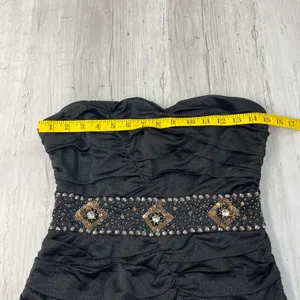 Nikibiki Black Strapless Ruched Gold Rhinestone Bling Bodycon Mini Dress Size M thumbnail 9