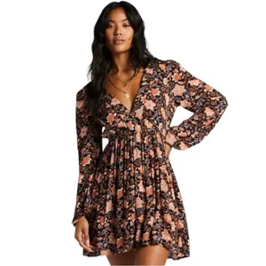 Billabong New Blouson Dress Deep V-neck Long Sleeve Black Floral Women’s Size M thumbnail 6