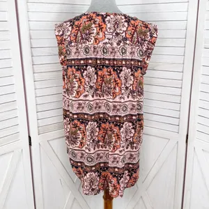 Loft Boho Floral Split Neck Sleeveless Tunic Tank Top Shirt Peach‎ Coral Medium thumbnail 5