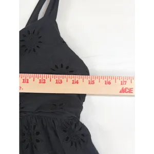 Zara Black Cotton Eyelet Embroidery Tiered Midi Dress Small Smocked Back Strappy thumbnail 4