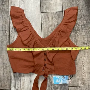 Cider NWT  Ruffle Button Up Knotted Cropped Tank Top Brown Size Small thumbnail 9