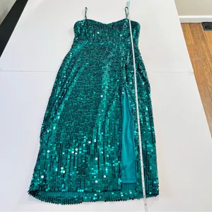 Lulus Striking Sweetheart Emerald Green Sequin Slit Sleeveless Midi Dress‎ LARGE thumbnail 9