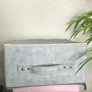 Vintage Blue Travel Box Luggage Hat Box Carry On Case Retro Square Suitcase MCM Lady Love Brass Hardware Approx 14” wide x 11.5” Long x 7” Deep thumbnail 3