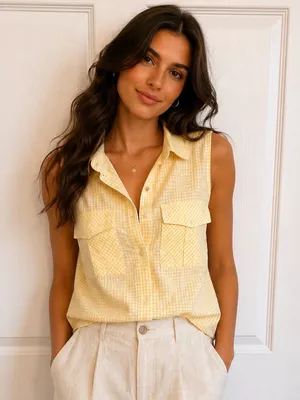 Sim & Sam Sleeveless Yellow Gingham Button Front Shirt, M thumbnail 1