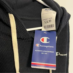 NWT Champion Black Ribbed Athletic Hoodie Cream Accents - L thumbnail 4