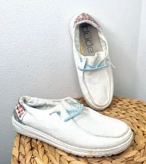 Hey Dude Shoes SlipOn Light Blue Laces Textured Aztec Pattern Size 7 white thumbnail 1