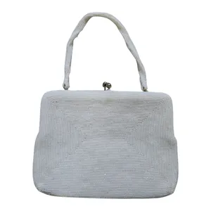 Vintage White Beaded Purse Handmade Korea Kiss Lock Handled Clutch Cocktail Luxe thumbnail 2