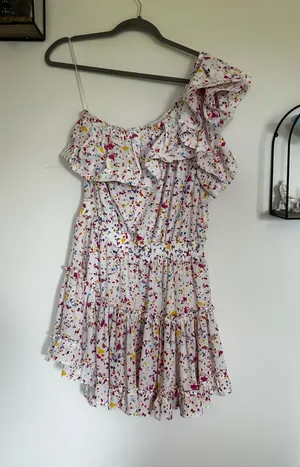 Buddy Love Sofia Rainbow Splatter Polka Dot One Shoulder Ruffle Mini Dress Large thumbnail 1