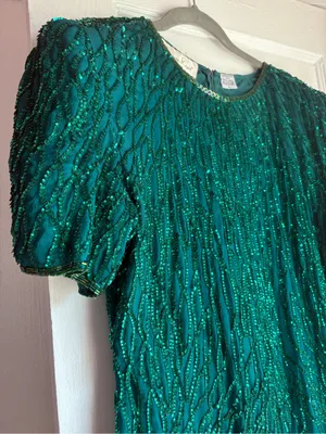 Vintage Laurence Kazar Emerald Green Silk Beaded Sequin Cocktail Dress Large thumbnail 3