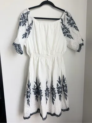 Anthropology Kindred White Embroidered Mini Dress with Navy Floral Accents thumbnail 1