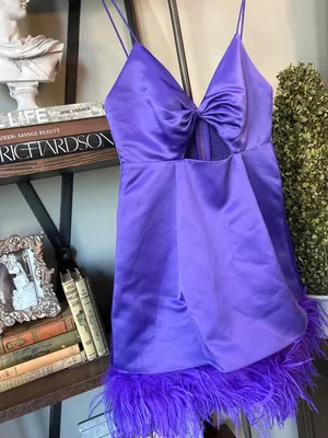 Alice + Olivia Necole Cutout Feather Hem Mini Dress Purple Womens 6 thumbnail 9