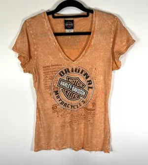 Harley‎ davidson v neck short sleeve shirt Womens Size M Orange Texas Motorcycle thumbnail 1