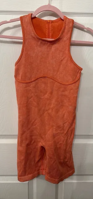 New Mix Orange Ribbed One-Piece Compression Exercise Shorts Suit, L/XL thumbnail 1