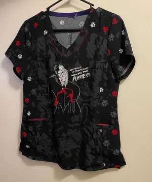 Disney Womens Scrub Top M 38” Black Cruella DeVille Villians 101 Dalmatians thumbnail 1