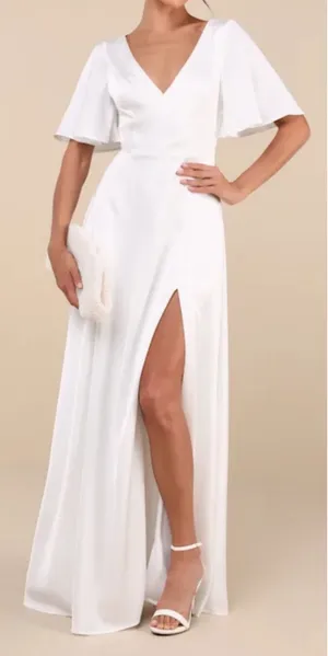 Lulus Satin Maxi Dress M White Flutter Sleeve Cutout Wedding Elopement Bridal thumbnail 1
