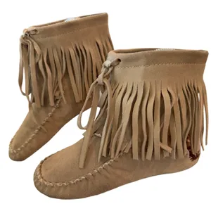 ALDO VTG Y2K 90s Tan embroidered Skagen Fringe Suede Moccasins Boho Festival RARE‎ thumbnail 5
