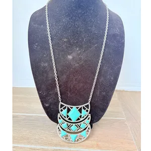 Silver Tone Faux Turquoise Articulated Bib Necklace Geometric Western Festival thumbnail 2
