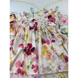 Fairhope Floral Ruffle Sleeve Top Pintuck Detail White Pink Yellow L‎ thumbnail 5