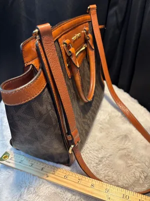 Michael Kors Signature Logo Satchel Brown Leather Trim Crossbody Bag thumbnail 1