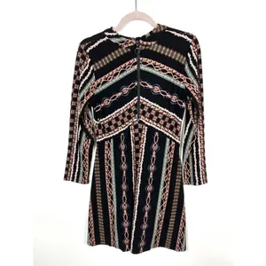 Free People Long Sleeve Geometric Print Mini Dress Black Rust‎ Front Zip Size M thumbnail 5