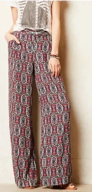 Anthropologie Elevenses‎ South Shore Pants Geometric Wide Leg Pink Teal Size 8 thumbnail 1