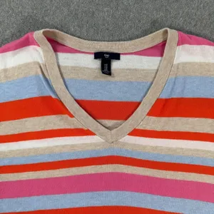 Gap Striped V-Neck Pullover Sweater Women's Medium Long Sleeve Cotton thumbnail 3