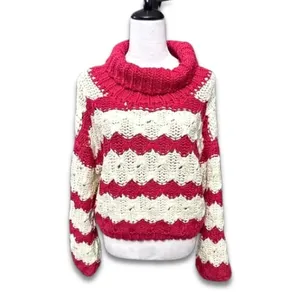 Gary Collective Preppy Chic Striped Turtleneck Pink Cream Cozy Knit Sweater L thumbnail 2