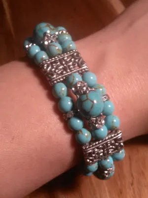 Blue Howlite Three Row Beaded Silvertone Stretch Bracelet thumbnail 11