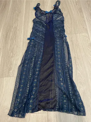 Sheer Navy Lace Maxi Chemise with Bow Accents thumbnail 1