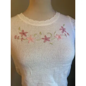 Knit Mix White Floral Embroidered Shimmer Crop Sweater Top Pointelle Puff y2k S thumbnail 3