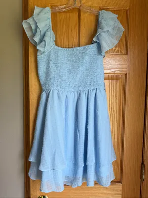 Altar’d State Light Blue Ruffle Sleeve Smocked Tiered Mini Dress Medium NWT thumbnail 2