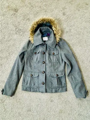 Vintage Y2K dELiA*s Grey Wool-Blend Peacoat with Removable Faux Fur Hood Medium thumbnail 9
