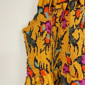 Haute Hippie Mustard Yellow Floral Print Halter Smocked Boho Blouse L Sleeveless thumbnail 4