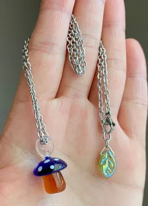 simple fairy boho vintage whimsical style lampwork glass charm & Czech glass leaf bead chain necklace💚🌞🍄🍃 thumbnail 1