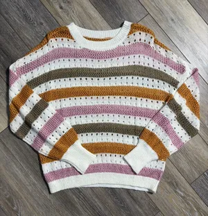 Striped Open-Knit Crewneck Boho Sweater Women’s Small thumbnail 1