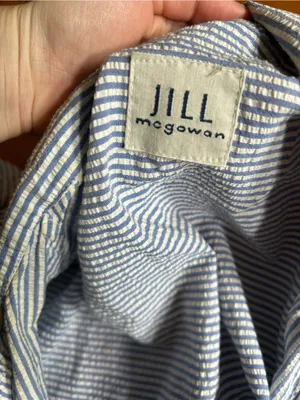 Jill Mogowan blue white striped button down shirt USA cotton small see stains thumbnail 7
